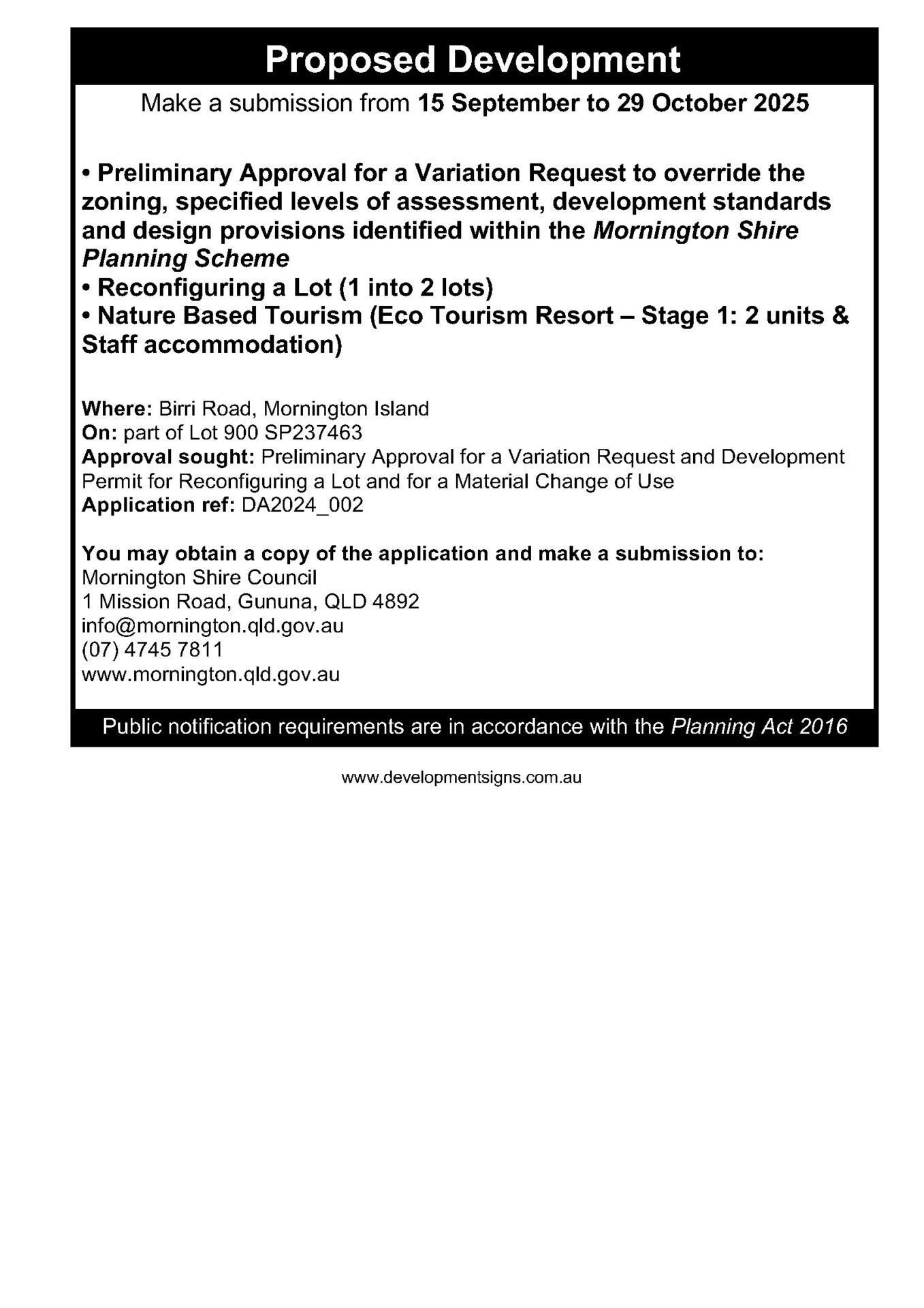 Proposed Development – Birri Road